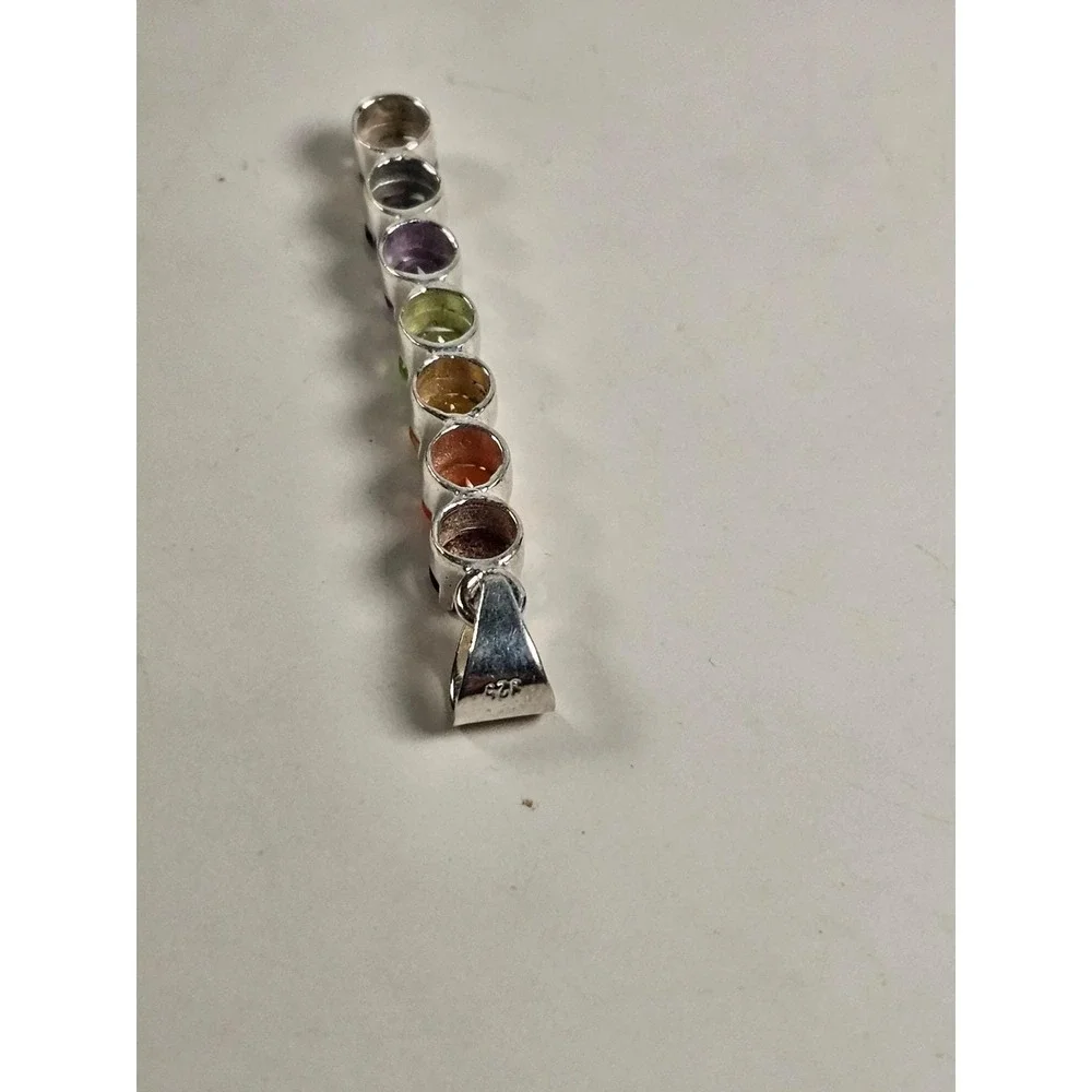 Vintage Sterling Silver Rainbow Gemstone Pendant | Multistone Vertical Charm - Picture 7 of 7